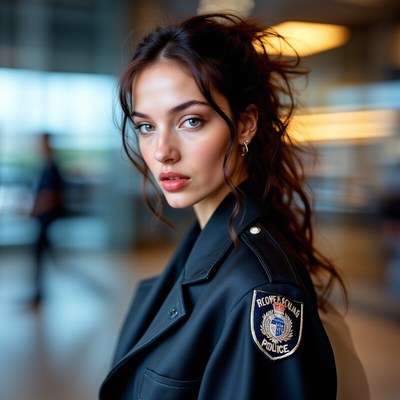 Young woman in police uniform posing indoors with confidence