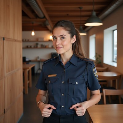 Confident woman in uniform stands in modern cafe