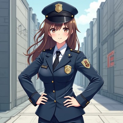 Young police officer stands confidently in the city