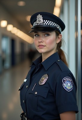 Young police officer standing confidently in a hallway
