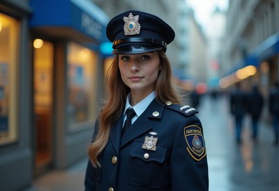 Young female officer in uniform stands on city street