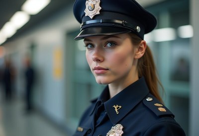 Female officer in police uniform poses in corridor