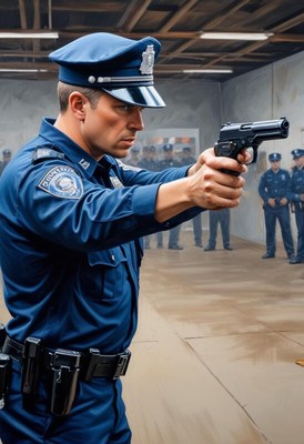 Police officer training with a handgun at shooting range