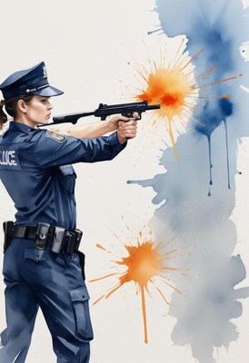 Police officer aiming firearm during colorful action scene