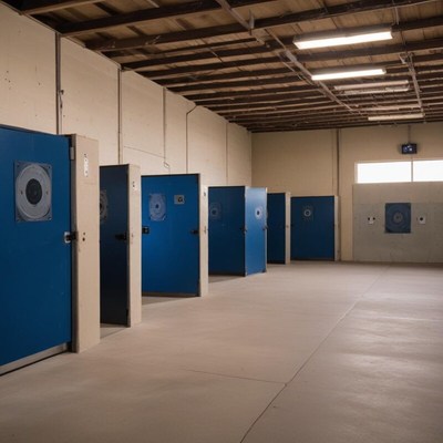 Industrial facility with blue doors and vacant space