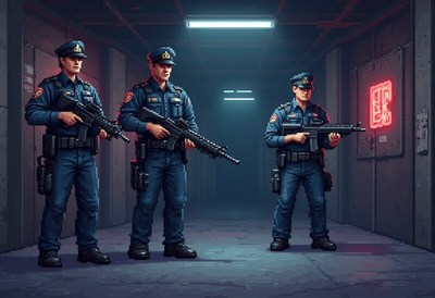 Police officers stand ready in a dimly lit corridor