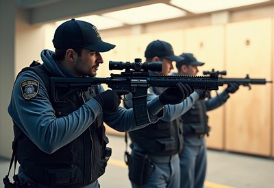 Police officers training with rifles at shooting range
