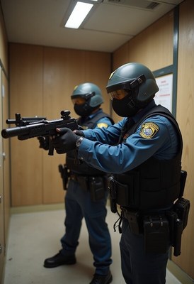 Police officers prepare for action in a hallway
