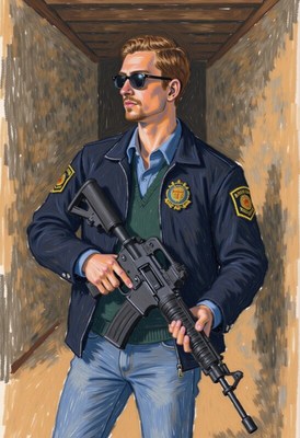 Law enforcement officer stands ready with rifle in hallway