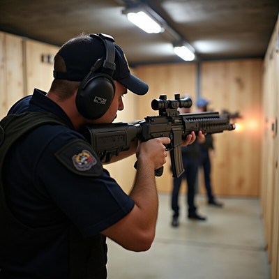 Officers training with rifles at shooting range indoors