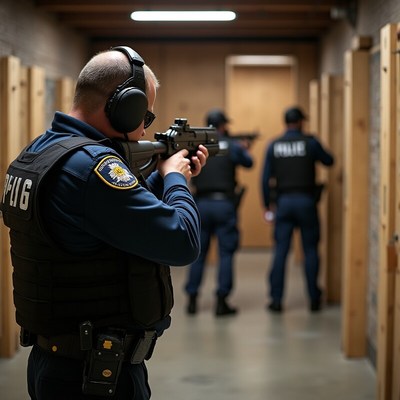 Police training session at shooting range in evening