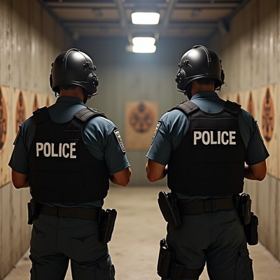 Police officers preparing for shooting practice session