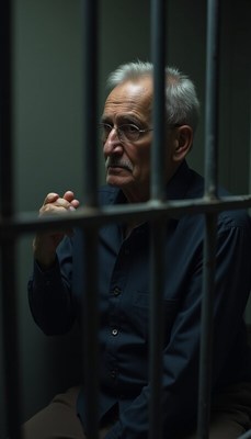 Elderly man sitting behind bars in a dim room
