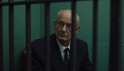 Elderly man sits in a jail cell during an interrogation