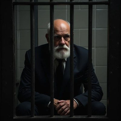 Elderly man in suit sitting alone in jail cell