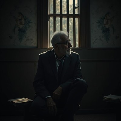 Elderly man sitting by a window in a dimly lit room
