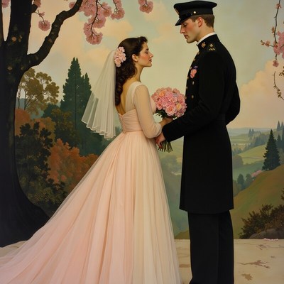 Couple in vintage attire under cherry blossoms