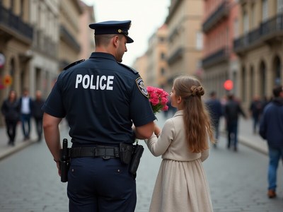 Police officer receives flowers from a girl in the city
