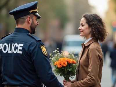 Police officer gives flowers to woman in city street