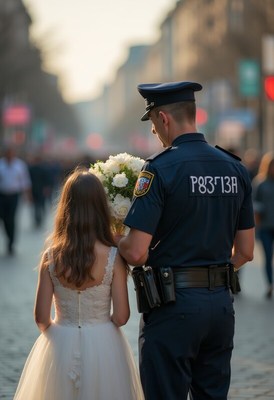 Police officer escorts bride through city street