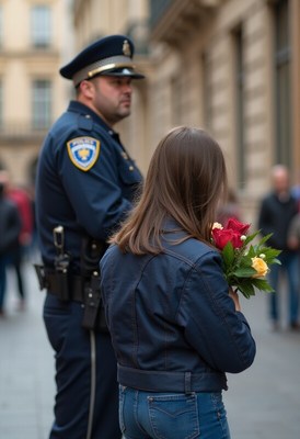 Police officer stands guard as a girl holds flowers