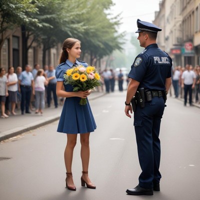 Officer talks to girl with flowers in the street