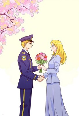 Couple exchanges flowers in a romantic spring setting