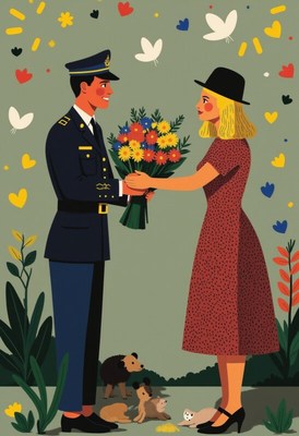 Soldier presents flowers to a woman in a colorful garden