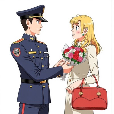 Officer gifts flowers to a lady in a white dress