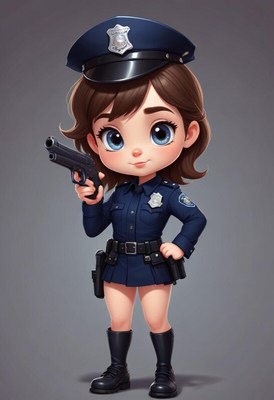 Cute cartoon police officer character with a gun