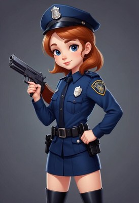 Young police officer poses confidently with a firearm