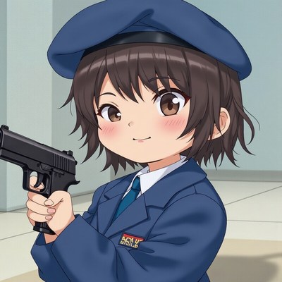 Young character in uniform holds toy gun in playful pose
