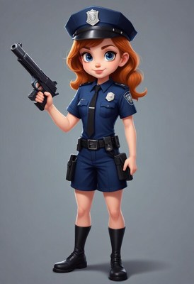 Young girl dressed as a police officer holding a toy gun