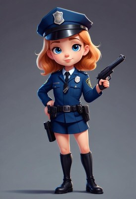 Young police officer stands confidently with a gun