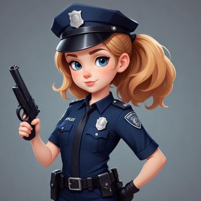 Young female police officer stands confidently with a gun