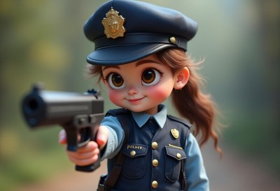 Cute cartoon character as a police officer holding a toy gun
