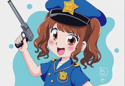 Cheerful girl in police uniform with a toy gun
