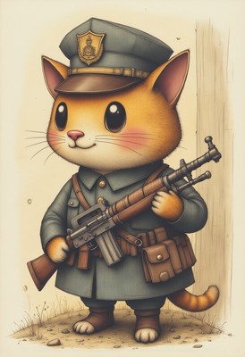 Cat dressed as a soldier holding a rifle
