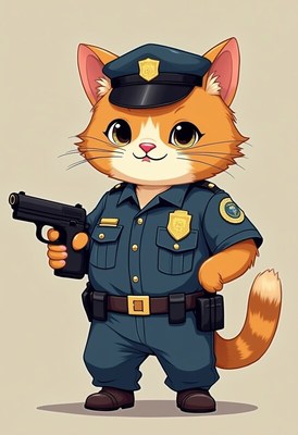 Cartoon cat police officer stands confidently with a gun