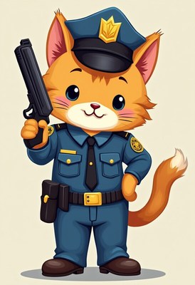 Cute cartoon cat dressed as a police officer with a gun