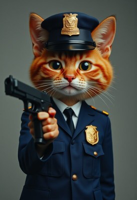 Cat as cop, gun drawn, striking a serious pose