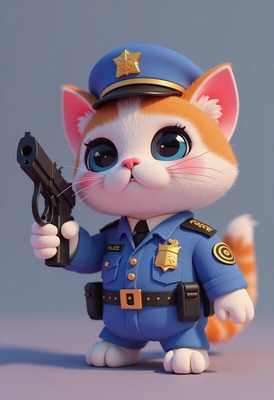 Cute cartoon cat police officer holds a toy gun