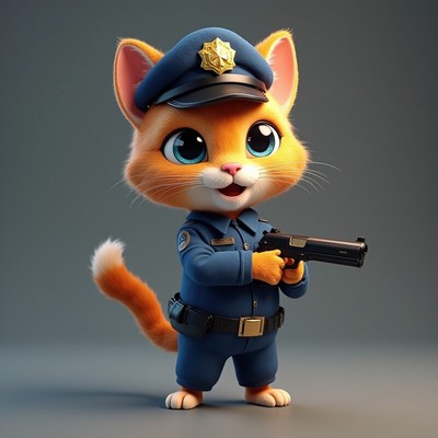 Cute cartoon cat dressed as a police officer with a gun