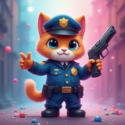 Cute cartoon cat dressed as a police officer with a gun