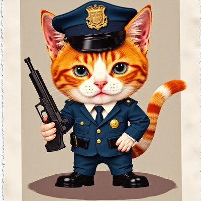 Cat in a police uniform holding a toy gun
