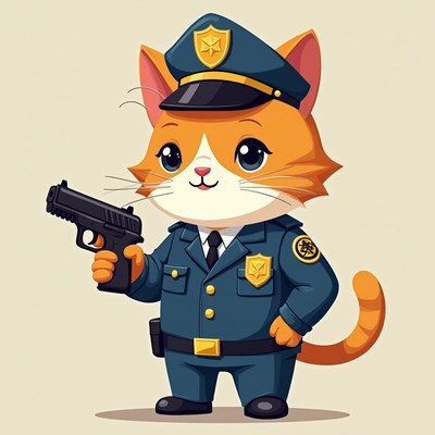 Cartoon cat in police uniform holding a toy gun