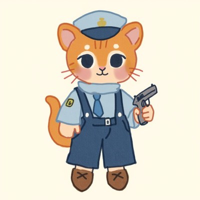 Cute cartoon cat dressed as a police officer with gun