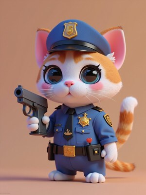 Cute cat in police uniform holding a toy gun