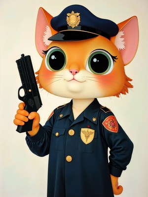 Cat in uniform holds a gun confidently