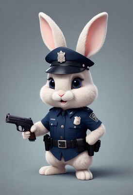 Police bunny in uniform holding a toy gun